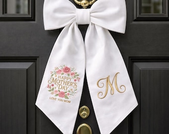 Embroidered Mother’s Day Custom Wreath Sash, Blue Gingham Summer Porch Decor, Elegant Embroidered Floral Scarf