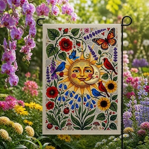 May include: A decorative garden flag featuring a whimsical design with a smiling sun and moon, surrounded by colorful flowers, birds, and butterflies. The flag is made of a durable material and is designed for outdoor use.