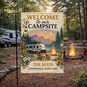 Personalized Camping Garden Flag Mountain Scene, Custom Campsite Welcome Flag, RV Camper Yard Flag, Outdoor Adventure Decor