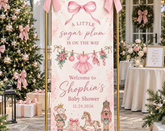 Sugar Plum Baby Shower Banner, Nutcracker Baby Shower Decor, Pink Christmas Baby Shower, Personalized Girl Shower Backdrop