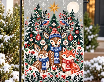 Woodland Christmas Garden Flag, Cute Deer Fox Bunny Yard Flag, Scandinavian Folk Art Christmas Decor, Winter Outdoor Porch Flag
