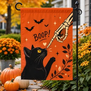 Halloween Black Cat Garden Flag, Boop Cat Yard Flag, Spooky Cat Decor, Skeleton Hand Flag, Cute Fall Outdoor Decoration