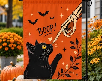 Halloween Black Cat Garden Flag, Boop Cat Yard Flag, Spooky Cat Decor, Skeleton Hand Flag, Cute Fall Outdoor Decoration