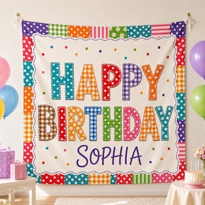 Personalized Happy Birthday Tapestry, Custom Name Birthday Banner, Colorful Patchwork Party Backdrop, Kids Birthday Wall Decor