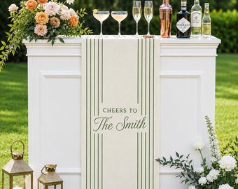 Personalized Striped Wedding Bar Banner, Custom Linen Bar Sign, Cheers To The Couple Decor, Reception Drink Station Sign