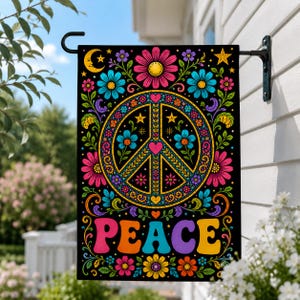 Peace Garden Flag Hippie Floral Decor, Colorful Boho Yard Flag, Retro Peace Sign Flag, Floral Outdoor Porch Decor Gift