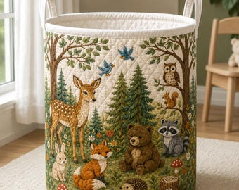 Woodland Laundry Basket, Nursery Storage Basket, Toy Storage Bin, Kids Room Decor, Baby Shower Gift, Quilted Laundry Hamper