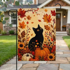 Black Cat Fall Garden Flag, Autumn Cat Garden Banner, Pumpkin Cat Decor, Halloween Yard Flag, Cat Lover Gift, Fall Porch Decor