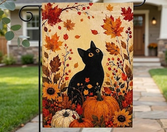 Black Cat Fall Garden Flag, Autumn Cat Garden Banner, Pumpkin Cat Decor, Halloween Yard Flag, Cat Lover Gift, Fall Porch Decor