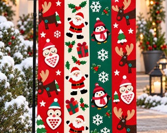 Christmas Garden Flag, Christmas Patchwork Yard Flag, Santa Reindeer Penguin Owl Outdoor Decor, Holiday Porch Garden Decoration