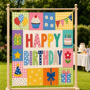 Patchwork Happy Birthday Banner, Colorful Birthday Backdrop, Kids Party Tapestry, Gingham Birthday Decor, Fabric Birthday Sign