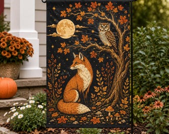 Woodland Garden Flag, Forest Animal Fall Decor, Fox and Owl Garden Flag, Autumn Woodland Yard Decor, Cottagecore Outdoor Flag, Nature Gift