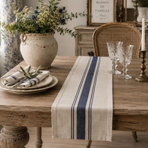 May include: A beige table runner featuring a wide navy blue central stripe flanked by thinner navy blue lines. The runner is laid flat on a wooden table, accompanied by a stack of plates with matching striped napkins, glassware, and a vase.