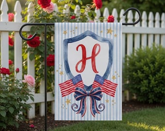 Personalized Monogram Garden Flag, Patriotic Bow American Flag, Initial Flag Personalized Style USA Decor, July 4th Outdoor Yard Flag