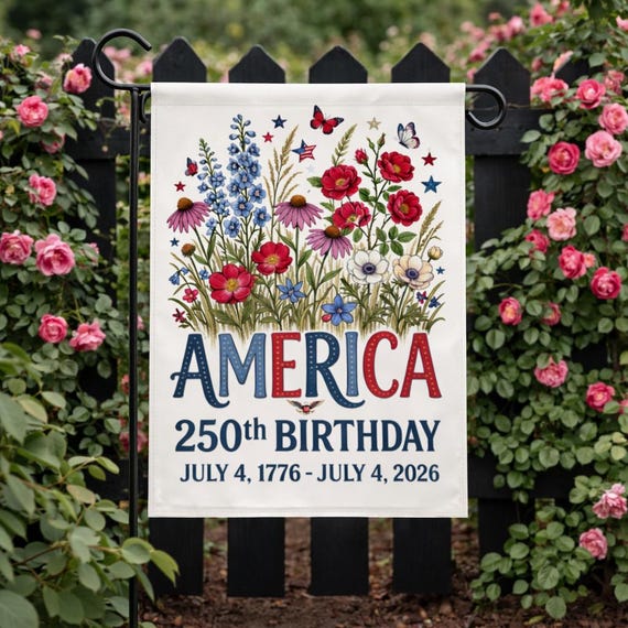 Patriotic Garden Flag, July 4th 1776-2026 Flag, Vintage Floral USA Flag, Independence Day Yard Decor, Outdoor Patriotic Flag