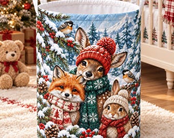 Winter Woodland Laundry Basket, Christmas Fox Deer Bunny Storage Bin, Nursery Toy Basket, Kids Room Decor, Quilted Hamper