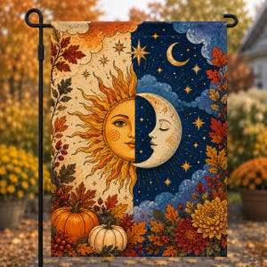 May include: A rectangular garden flag featuring a split design of a sun and moon face. The left side displays a golden sun with rays, while the right side shows a crescent moon against a dark blue starry sky. Autumn leaves, pumpkins, and flowers frame the scene.
