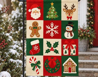 Christmas Garden Flag, Christmas Patchwork Yard Flag, Santa Reindeer Snowman Outdoor Decor, Holiday Porch Garden Decoration
