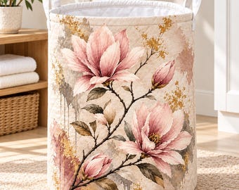 Magnolia Laundry Basket, Pink Floral Quilt Hamper, Cottagecore Flower Storage Bin, Botanical Nursery Decor, Bedroom Organizer