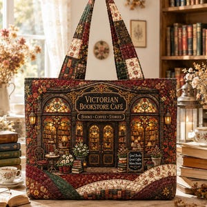 May include: A quilted tote bag featuring a detailed print of a Victorian bookstore cafe with the text "Victorian Bookstore Cafe" and "Books Coffee Stories" above the entrance, and a sign reading "Good Books Great Coffee Warm Hearts".
