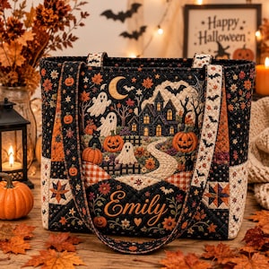 May include: A quilted tote bag featuring a black background with a Halloween scene of a haunted house, ghosts, pumpkins, bats, and a crescent moon. The name Emily is embroidered in orange script on the front. The straps have a bat pattern.