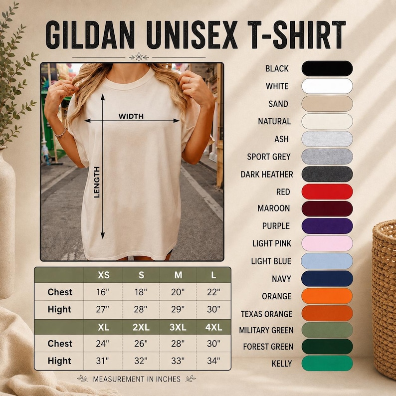 May include: A Gildan unisex t-shirt size chart featuring a beige t-shirt with width and length arrows. A table lists chest and height measurements in inches for sizes XS to 4XL. A color palette shows swatches for black, white, sand, natural, ash, sport grey, dark heather, red, maroon, purple, light pink, light blue, navy, orange, texas orange, military green, forest green, and kelly.