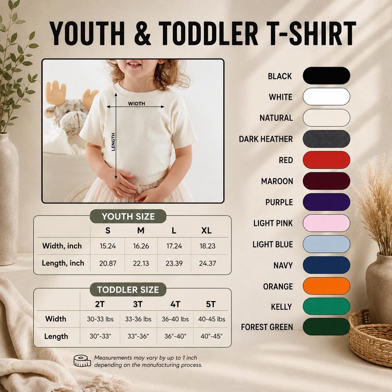 May include: A youth and toddler t-shirt size chart featuring a plain cream-colored shirt, a table with youth sizes in inches, and a table with toddler sizes in pounds and inches. A list of available colors includes black, white, natural, and others.