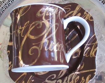 One Hot, Dark Chocolate Mug & One Dessert Plate ~ Metallic Gold Script ~ Vintage from 1990's