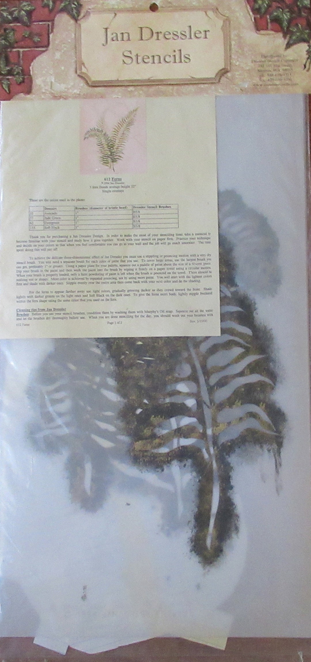 Jan Dressler Stencil ferns 612 From 1994 Package Opened & Used for Wall