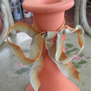 Terracotta & Ribbon Candle Holder ~ Vintage 1990s ~ 7 1/2&quot;High x 4 1/2Wide Base