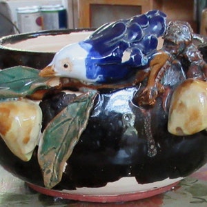 Könnte beinhalten: Ein brauner Keramiktopf mit einem blau-weißen Vogel, der auf einem Ast mit braunen Blättern und gelben Früchten sitzt. Der Topf hat einen weißen Rand und einen roten Boden.