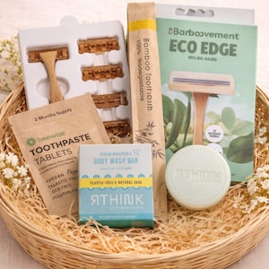 Zero Waste Travel Kit | Flight Friendly Plastic-Free Toiletry Set | Bamboo Toothbrush, Shampoo Bar & Toothpaste Tablets | Eco Travel Gift