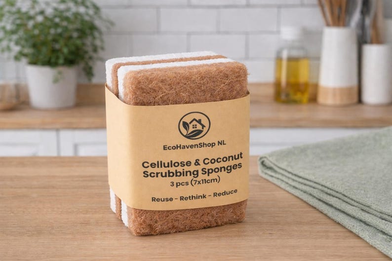 May include: A pack of three rectangular scrubbing sponges featuring a brown coconut fiber scouring side and a white cellulose sponge side. The sponges are wrapped in a tan paper band labeled EcoHavenShop NL Cellulose & Coconut Scrubbing Sponges 3 pcs (7x11cm) Reuse - Rethink - Reduce.