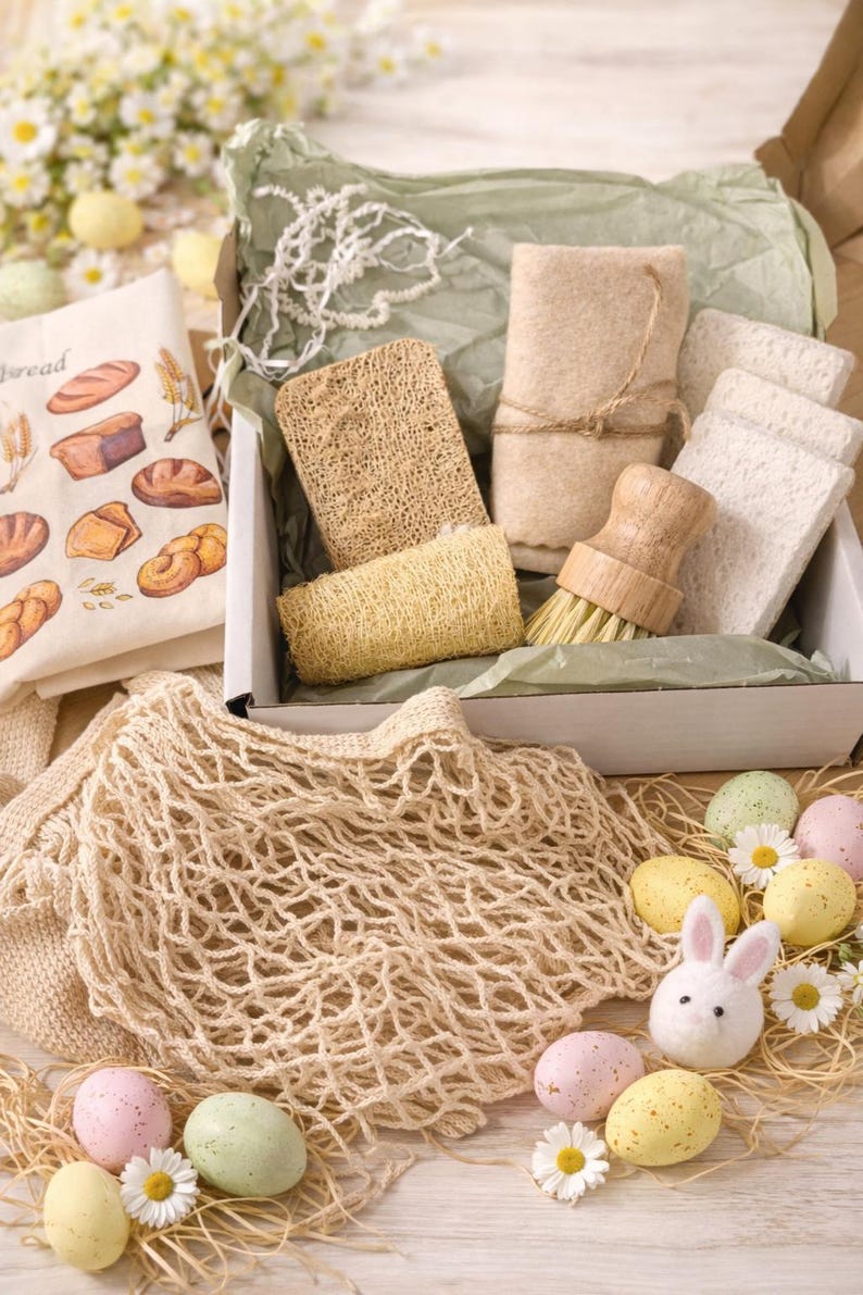 May include: A gift box containing a wooden scrub brush, a beige felt cloth, two loofah sponges, and three white rectangular sponges. Beside the box is a beige mesh tote bag, a cloth with bread illustrations, and several pastel-colored speckled eggs.