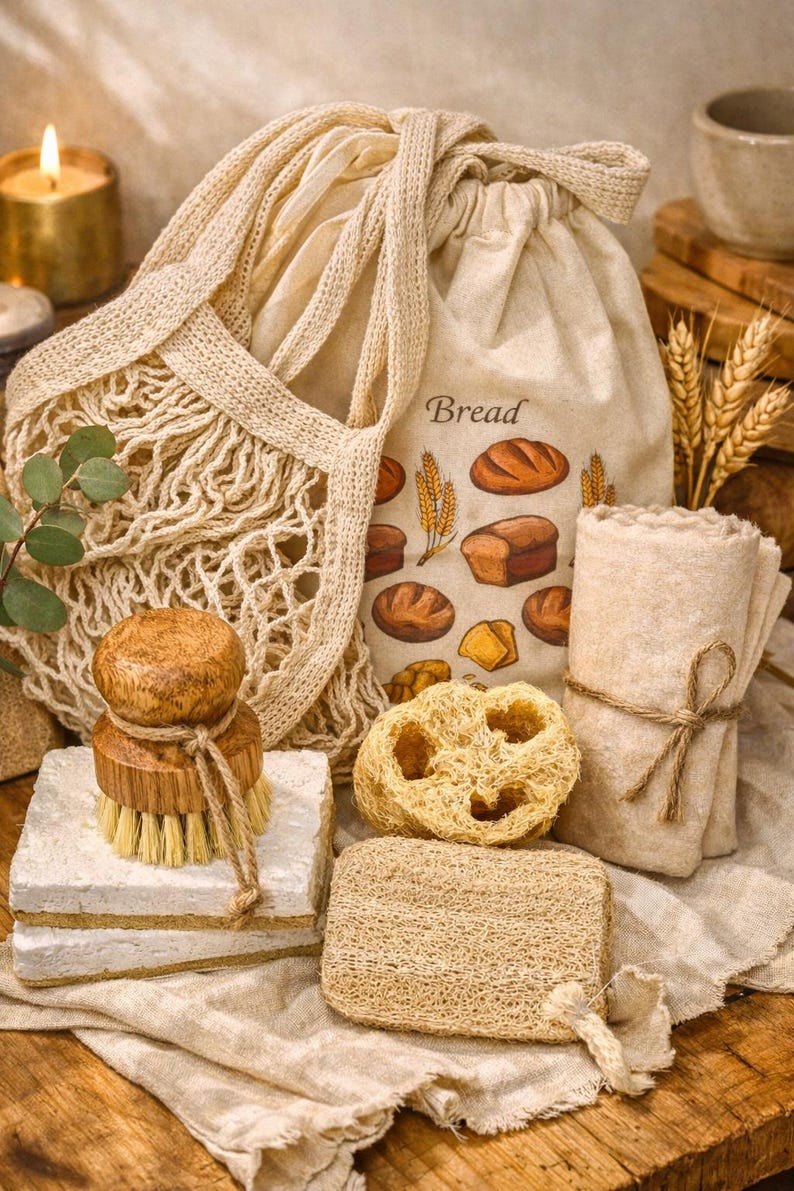 May include: A beige drawstring bread bag with a printed bread illustration and the word Bread, a beige mesh produce bag, a wooden dish brush, two loofah sponges, and a rolled beige cloth tied with twine, all arranged on a light fabric surface.