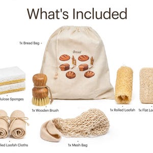 May include: A kitchen cleaning set including a beige drawstring bread bag with bread illustrations, two white and yellow cellulose sponges, a wooden scrub brush, two rolled loofah cloths, one rolled loofah, one flat loofah pad, and a beige mesh bag.