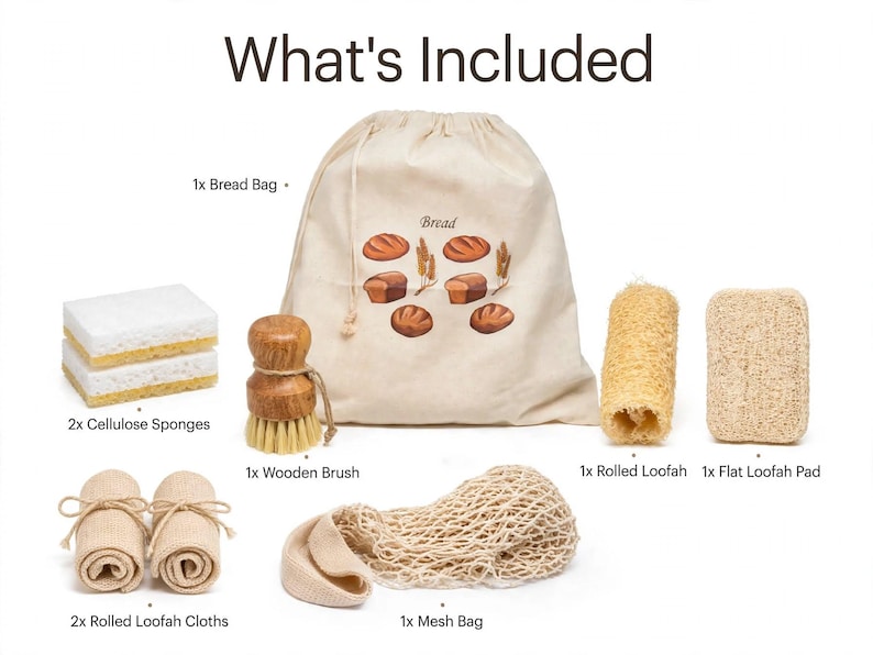 May include: A kitchen cleaning set including a beige drawstring bread bag with bread illustrations, two white and yellow cellulose sponges, a wooden scrub brush, two rolled loofah cloths, one rolled loofah, one flat loofah pad, and a beige mesh bag.
