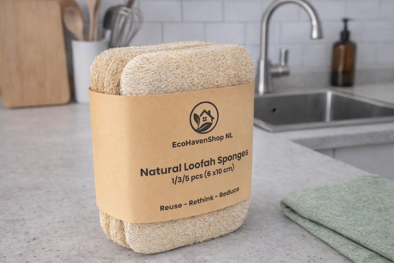 May include: A stack of rectangular natural loofah sponges wrapped in a tan paper band. The band features the text EcoHavenShop NL, Natural Loofah Sponges, 1/3/5 pcs (6x10 cm), and Reuse - Rethink - Reduce, along with a circular house and leaf logo.