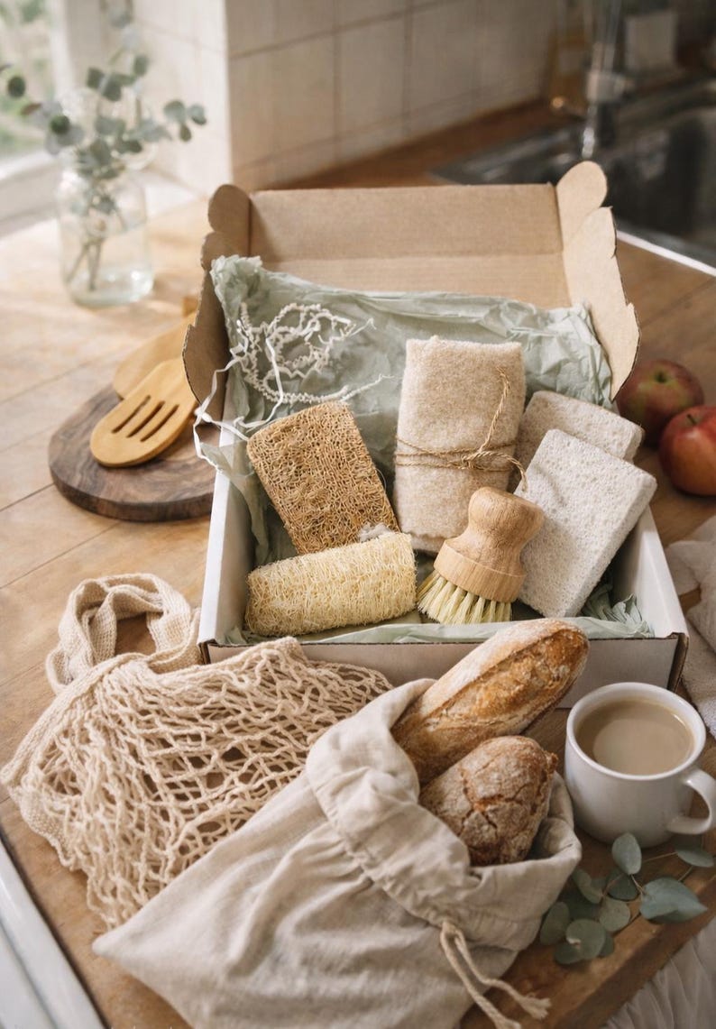 May include: A cardboard box containing a collection of household items including a wooden scrub brush, a rectangular loofah, a cylindrical loofah, and several beige fabric cloths. The box is lined with light green tissue paper and includes white filler.