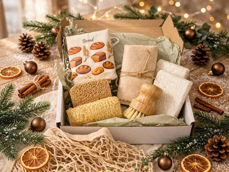 May include: A cardboard gift box containing a white cloth bag with bread illustrations, two textured loofah sponges, a wooden dish brush with light bristles, and two rectangular beige cleaning cloths tied with twine, all nestled in light green tissue paper.