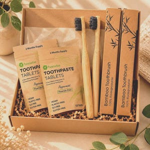 Eco Oral Care Set – 2 Bamboo Toothbrushes + 2 Vegan Toothpaste Tablet Packs (120 Tabs) – Plastic-Free, SLS-Free, Zero Waste