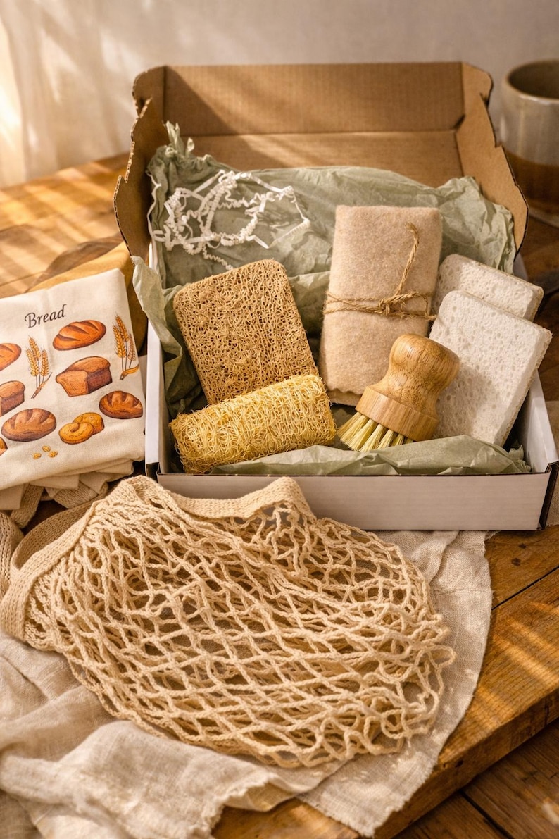 May include: A cardboard box containing a wooden dish brush, two rectangular loofah sponges, a cylindrical loofah, two white square sponges, and a beige cloth. Beside the box is a beige mesh produce bag and a cloth with bread illustrations.