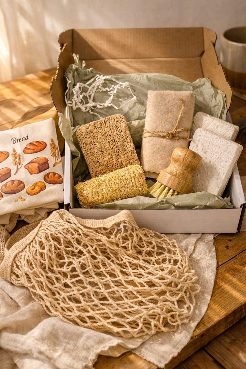 May include: A cardboard box containing a beige mesh produce bag, a white cloth with bread illustrations and the word Bread, a wooden scrub brush, a rectangular loofah sponge, a cylindrical loofah, a folded beige cloth, and two white sponges.