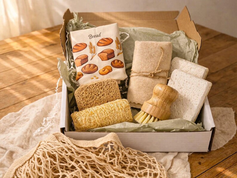 May include: A cardboard box containing a white cloth with bread illustrations and the text Bread, a beige fabric roll tied with twine, two rectangular white sponges, two textured tan loofah sponges, and a wooden dish brush with light bristles.