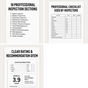 May include: Four white pages with black text detailing vehicle inspection sections, a checklist for inspectors, and a clear rating system. The text includes "18 Professional Inspection Sections" and "Clear Rating & Recommendation Sitem".