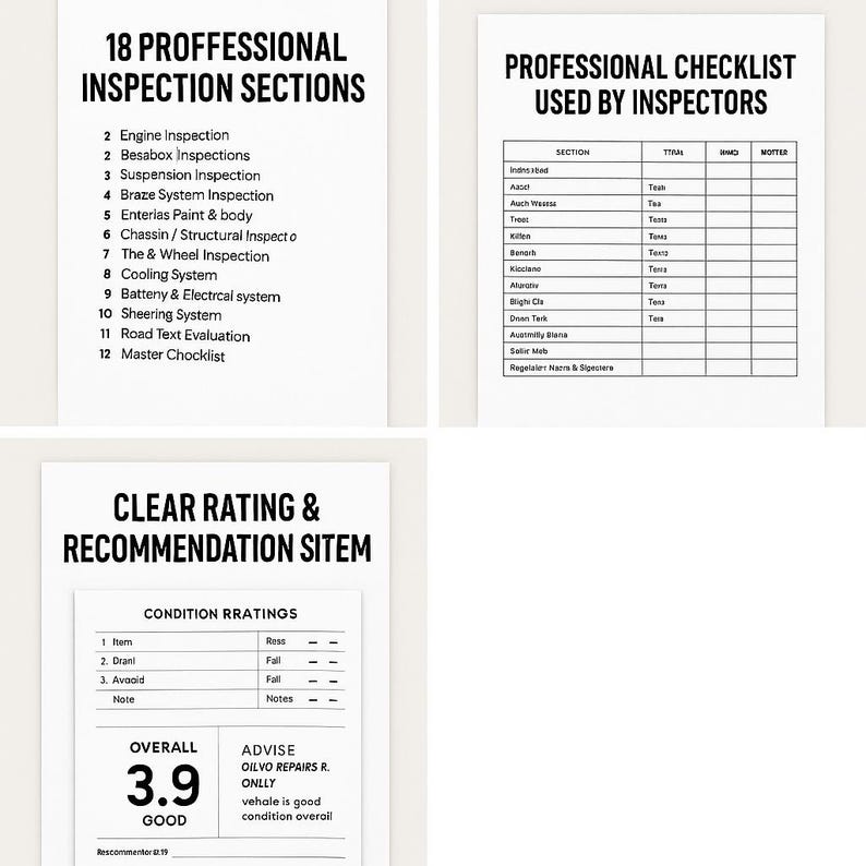 May include: Four white pages with black text detailing vehicle inspection sections, a checklist for inspectors, and a clear rating system. The text includes "18 Professional Inspection Sections" and "Clear Rating & Recommendation Sitem".