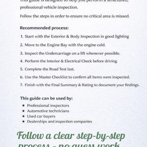 Professional Car Inspection Guide • Used Car Checklist PDF • Step-by-Step Pre-Purchase Automotive Inspection • Avoid Costly Mistakes image 2
