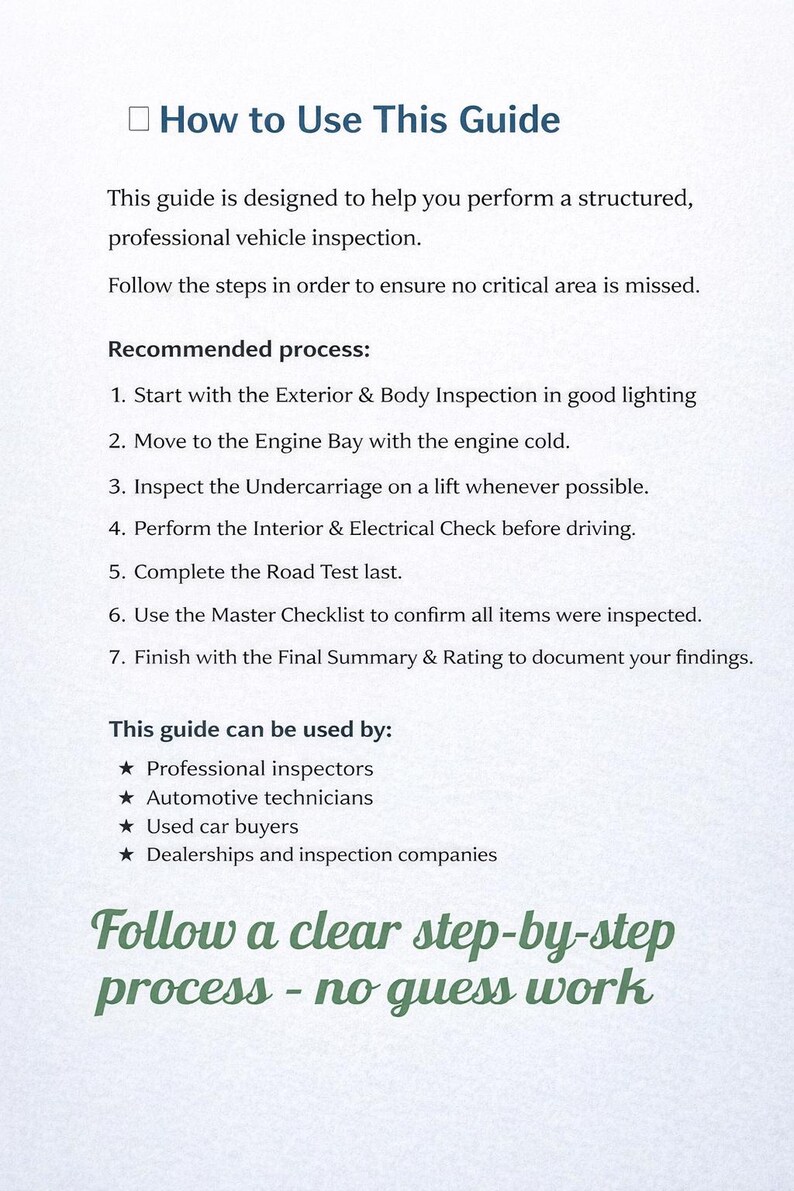 Professional Car Inspection Guide • Used Car Checklist PDF • Step-by-Step Pre-Purchase Automotive Inspection • Avoid Costly Mistakes image 2