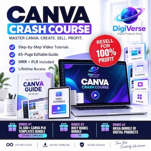 Könnte beinhalten: Ein digitales Produktpaket mit dem Titel Canva Crash Course, bestehend aus einem Laptop, einem 65-seitigen Leitfaden und einem Tablet mit Video-Tutorials. Enthält Bonuspakete mit über 14.500 Vorlagen, Beschäftigungsbüchern und digitalen Produkten.