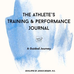 Puede incluir: Fondo blanco con diseño de acuarela azul. El texto dice "THE ATHLETE'S TRAINING & PERFORMANCE JOURNAL" y "A Guided Journey". También está presente el texto "DEVELOPED BY JESSICA BERGEN, M.S.".